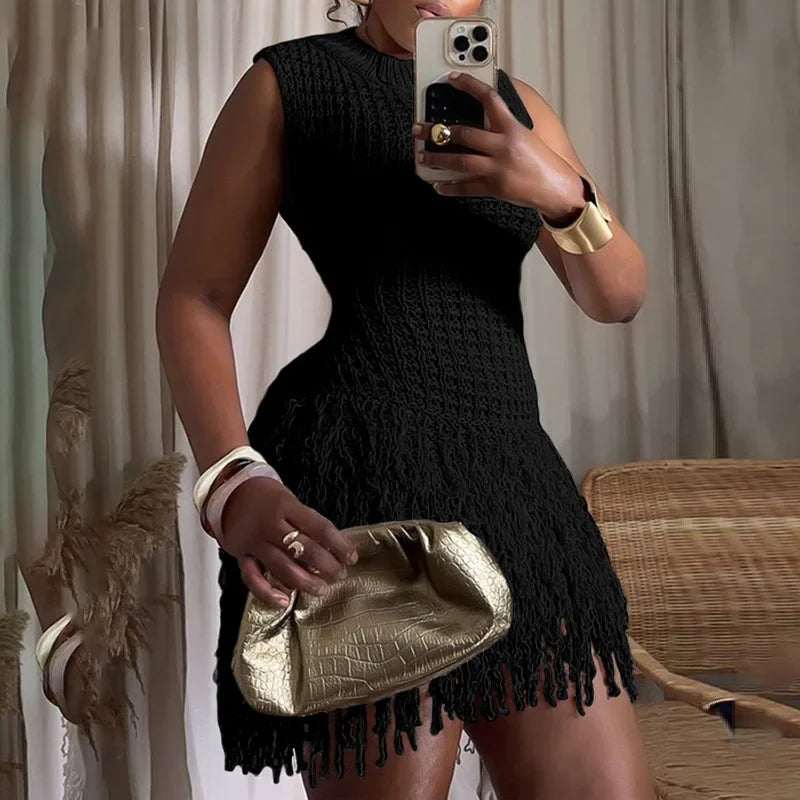 Sleeveless Tassel Hollow Out Knitted Dress For Women Slim Fit Elegant Patchwork Dresses Sexy Holiday Party Mini Dress