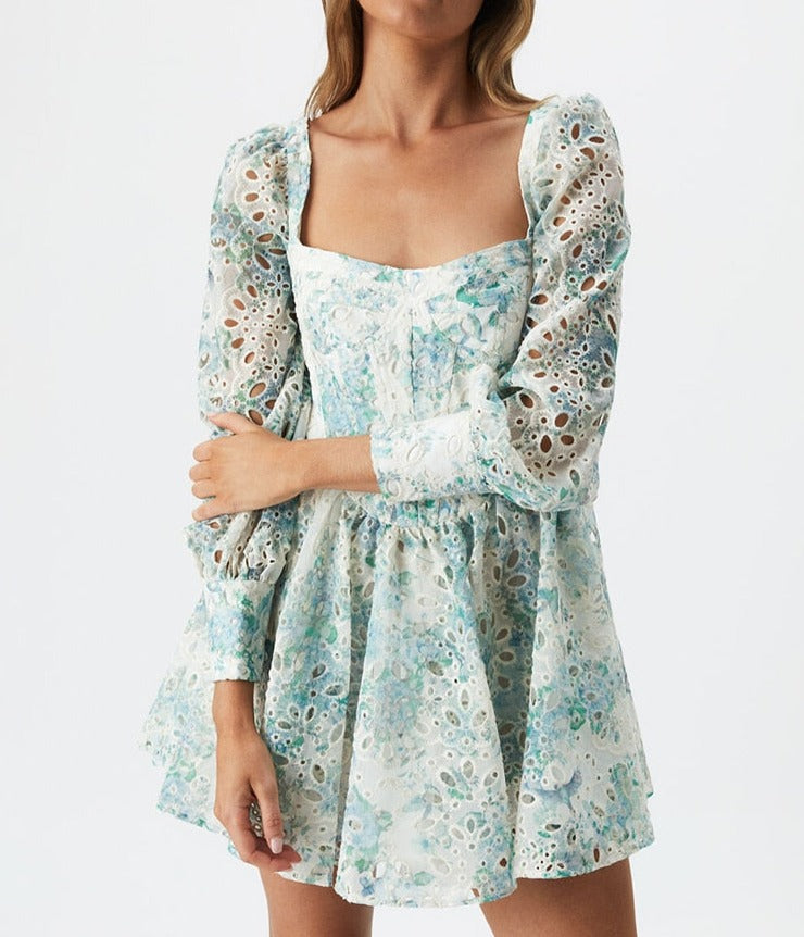 High Quality Hollow Out Long Sleeve Backless Women Dress Vocation Holiday A-Line Mini Dress