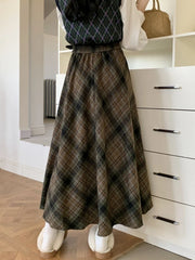 Plaid Skirt Women Maxi Autumn Winter Korean Vintage High Waisted Woolen Skirt Casual Ladies A Line Midi Long Skirts