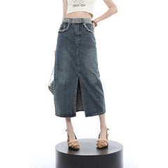 Graduation Gift Women Blue Denim Half Body Skirt Split Fork High Waist Casual Korean Fashion Clothing Mid Length Baggy Vintage Denim Long Skirt