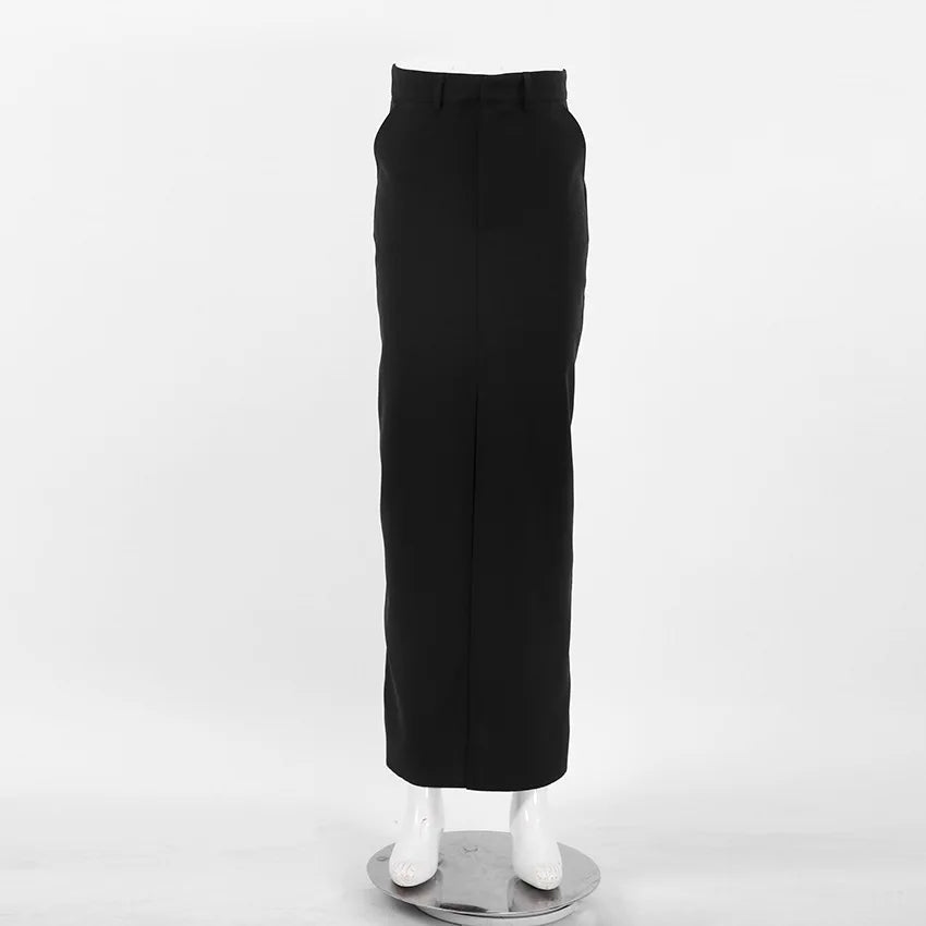 Schwarzer langer Rock für Damen, lässige Streetwear, hohe Taille, schlanke, figurbetonte Röcke, geteilter Damen-Basic-Gerade-Maxirock