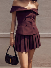 Folds Dress Sets Women Sexy Off Shoulder Sleeveless Button Crop Tops Female Street Casual Mini Skirt Sets Womens Outfits