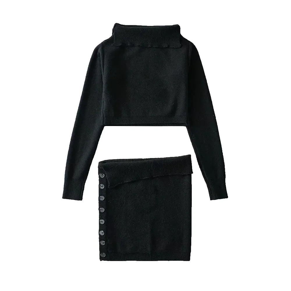Knitted Skirt Sets Two Piece Off Shoulder Long Sleeve Tops High Waist Mini Skirts 2022 Autumn Matching Set Co-Ord Outfits