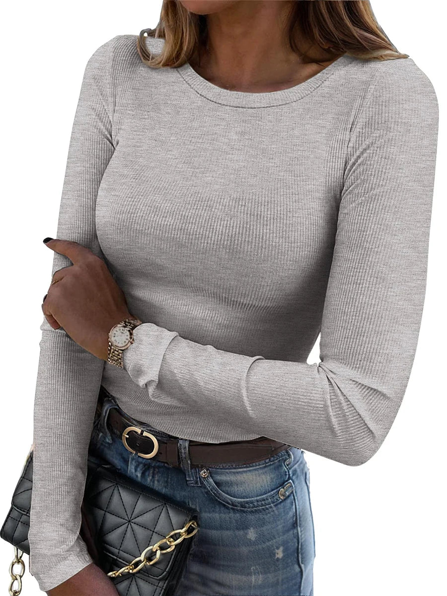 Autumn Long Sleeve Shirts for Women Crewneck Slim Fitted Knit Y2k Tops Casual Ribbed Basic Tee Blouses Dressy Fall Outfits