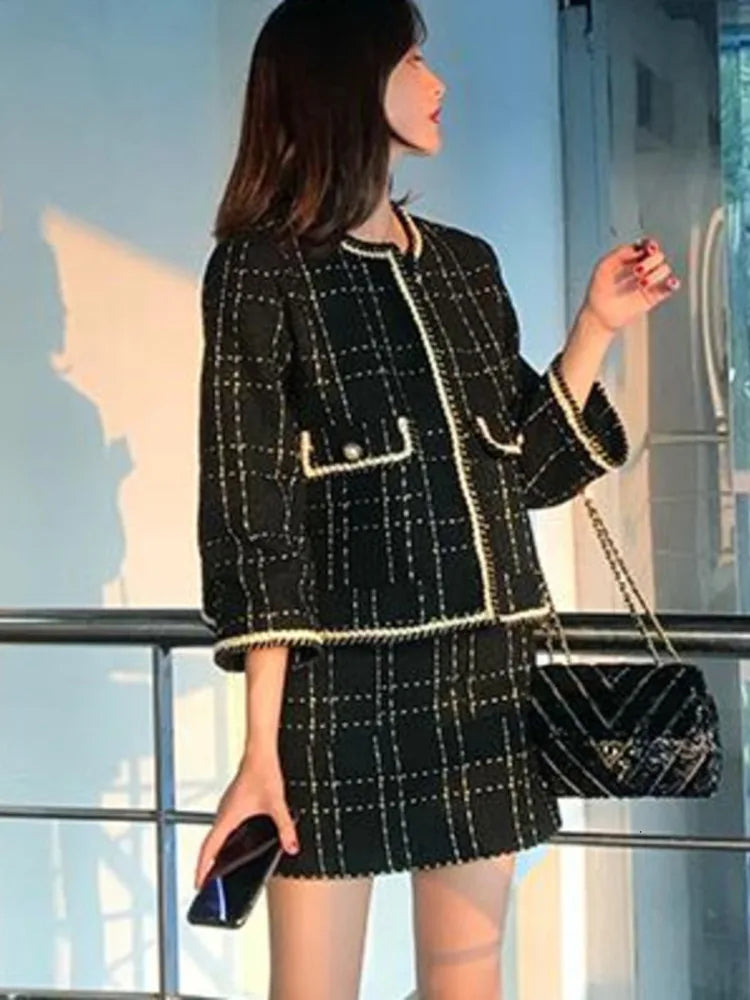 Europäischer Stil Herbst Winter 2-teiliges Set Damen Kurze Woll-Tweedjacke Mantel &amp; Bodycon Minirock Set Damen Zweiteilige Outfits