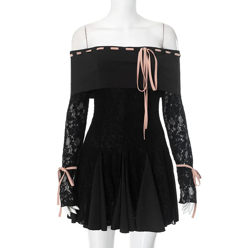 One Shoulder Lace Dress For Women Long Sleeve Bandage Folds Mini Dress Fashion Long Sleeve Hot Girl Club Party Clothing