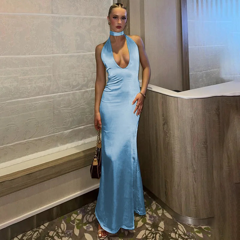 2025 Halter Strap V-Neck Long Dress Women's Sexy Hot Girl Backless Slim Party Dresses Elegant Satin Evening Party Maxi Dress