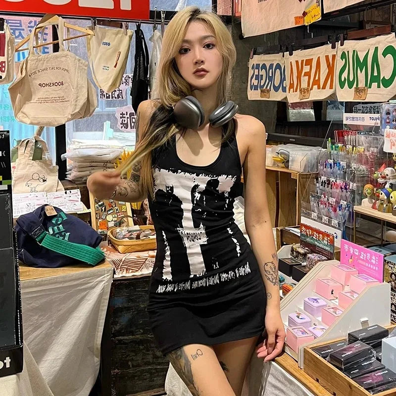 Y2k Kleidung 2000er Jahre Vintage Gothic Punk Muster Bedruckt Ärmellos Bodycon Sexy Sommer Damen Tank Top Minikleid