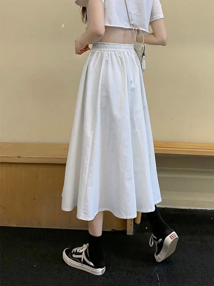 Skirts Women Simple Solid Leisure Loose 2XL Long Skirt Korean Style Elastic-Weight A-line Student Streetwear Trendy BF