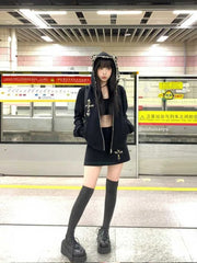Vintage Fashion Fake Two Piece Leopard Print Hooded Jackets+ Y2k High Waist Bodycon Skirts 2024 Autumn New Black Sets