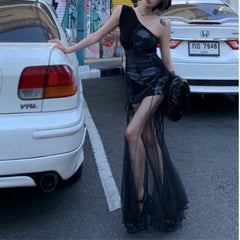 2024 Frühjahr neuer koreanischer hohler durchsichtiger Mesh-A-Linienrock für Damen + spitzes, gefaltetes, sexy Kleid mit Charakterdruck, zweiteiliger Anzug