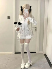 Süße, niedliche Kapuzenjacke mit Kaninchenohren und langen Ärmeln aus Spitze + Y2k-Röcke mit hoher Taille und weißen Kuchen