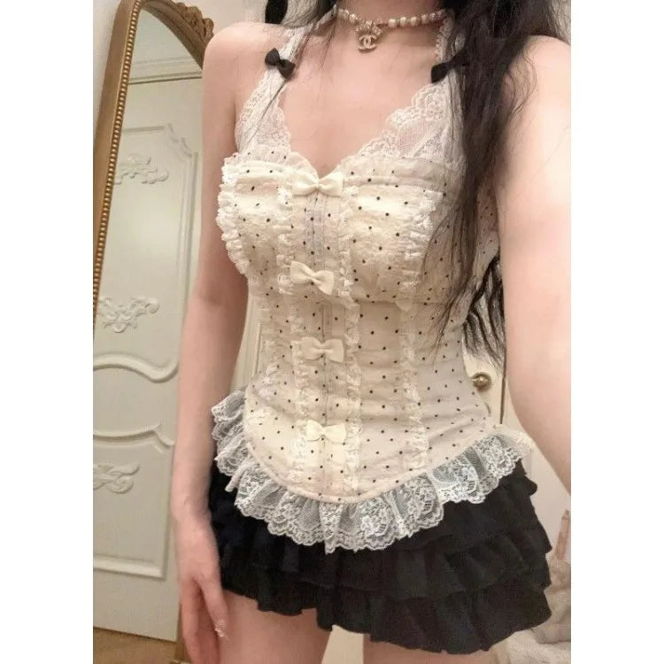 Elegante Süße Bogen Spitze Patchwork Leibchen Tops Frauen + Y2k Mode Geraffte Rüschen Röcke 2024 Sommer Neue Zwei Stück Sets