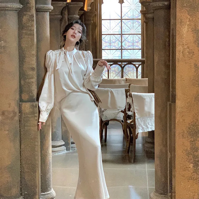 Koreanische Satin Langarm Bogen Top Röcke 2 Stück Set für Frauen Neue Herbst Mode Elegante Abend Party Weibliche Kleidung Anzüge