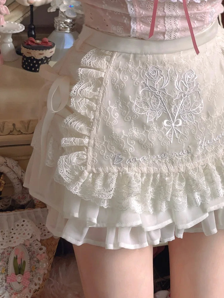 Kawaii Minirock mit Blumenstickerei, Spitze, Patchwork, A-Linie, Lolita-Rock für Damen im japanischen Stil, Cutecore, Röcke mit hoher Taille