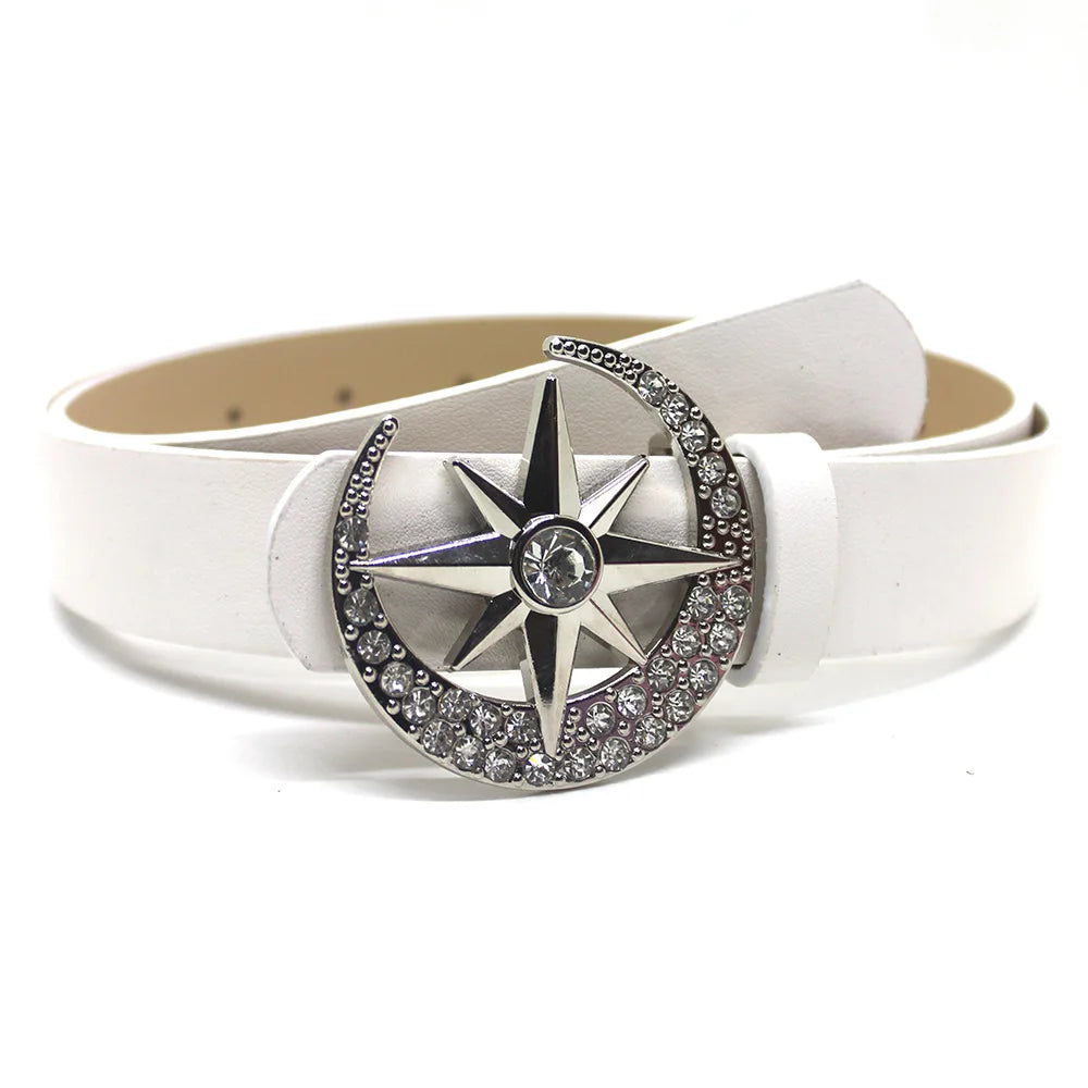 Goth Luxusmarke Neues PU-Leder mit Diamanten eingelegt Sternenmond Knopfkopfgürtel für Damen Jeansrock Punk Y2k Accessoires