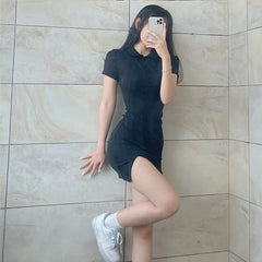 Polo Basic Minikleid Grau Schlank Einteiler Korea Revers Kleider Für Frauen 2022 Sommer Kurzarm Schlitzrock Sexy Mantel Outfits