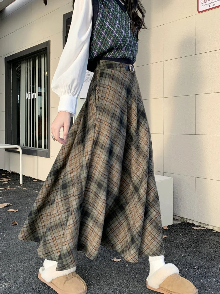 Plaid Skirt Women Maxi Autumn Winter Korean Vintage High Waisted Woolen Skirt Casual Ladies A Line Midi Long Skirts