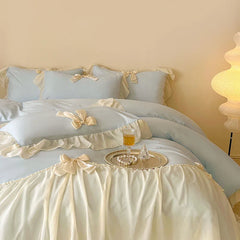 French Princess Style Bedding Sets Ruffle Lace Bow Quilt Cover Romantic Wedding Bedclothes Decor Woman Girls Bedroom Duvet Cover