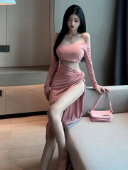 New Fashion Bold Mature Bold Gentle Elegant Sexy Off Shoulder Long Sleeve Open Top High Waist Split Skirt Two-piece Set XVRB