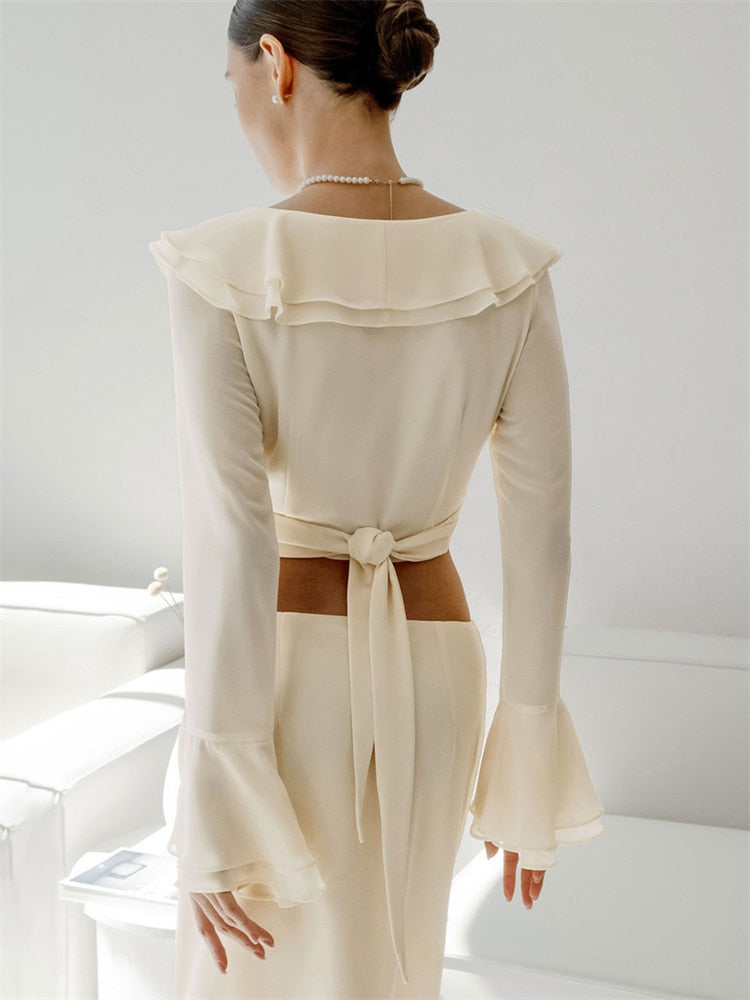Ruffled V-Neck Mini Skirt Sets For Women Casual Summer Long Sleeve Patchwork Split Solid 2 Piece-Set Crop top Outfits