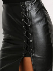 Summer Sexy Girls Above Knee Black PU Leather Mini Skirts Spring Female High Waist Bodycon Front Split Elegant Short Skirt