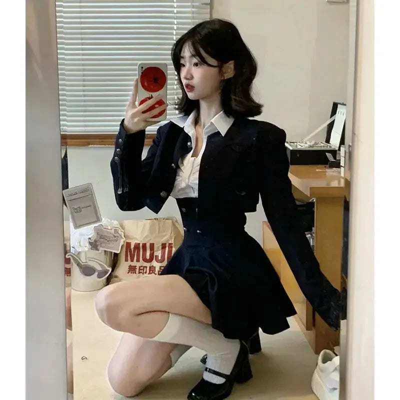 Preppy Style Vintage-Mode Anzug Frau Weißes Hemd + Kurzmantel Hohe Taille Schlank Y2k Minikleid Japanisches Elegantes Set 2025 Chic