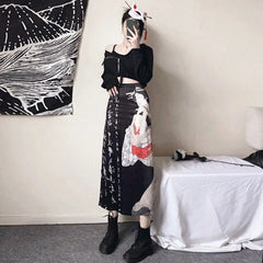 Harajuku Vintage Print A-line Skirt for Women Summer New High Waist Loose Skirts Y2k Grunge Mid-length Split Faldas Mujer