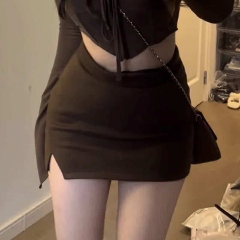 Mode Sexy Unregelmäßigen Geraffte Slim Fit Langarm Tops Frauen + Y2k Hohe Taille Bodycon Röcke 2024 Sommer Neue Zwei stück Sets