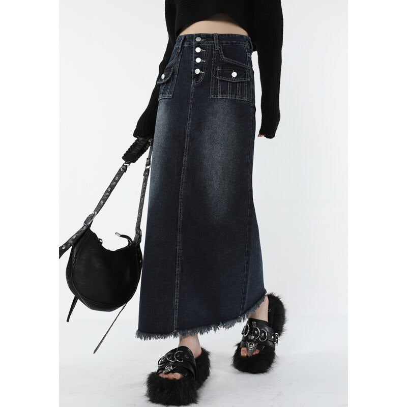 Frauen Blue Denim Halbkörperrock Farbverlauf Hohe Taille Lässig Koreanische Mode Mittellange Unterteile Baggy Vintage Weiblicher Langer Rock