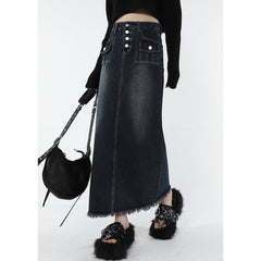 Frauen Blue Denim Halbkörperrock Farbverlauf Hohe Taille Lässig Koreanische Mode Mittellange Unterteile Baggy Vintage Weiblicher Langer Rock