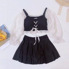 2024 neue Koreanische 2 Stück Badeanzug Frauen Kurzen Rock Net Bikini Band Höhlte Out Bikini Bogen Hohe Taille Bikini Bademode