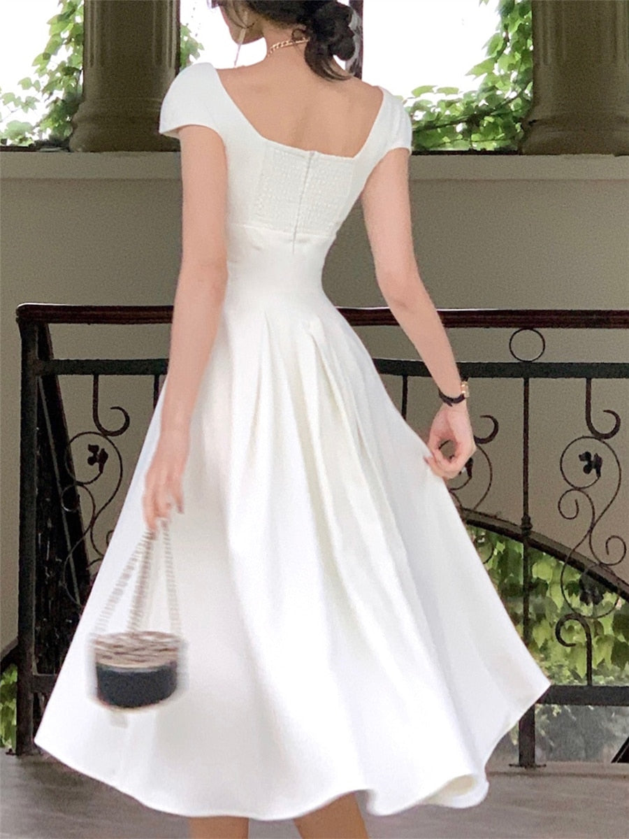 Elegant Midi Dress Women Summer New Fashion Evening Party Ladies Vestidos Vintage Slim Clothes Female Korean White Dresses