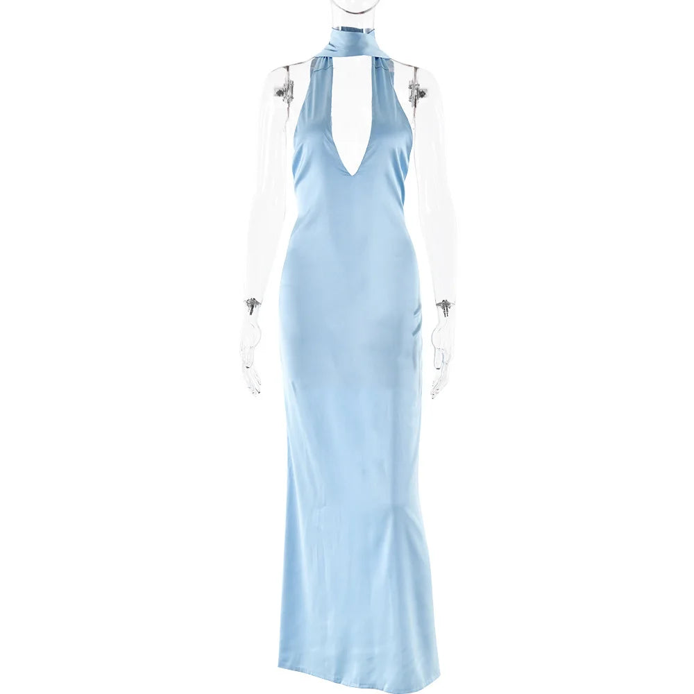 2025 Halter Strap V-Neck Long Dress Women's Sexy Hot Girl Backless Slim Party Dresses Elegant Satin Evening Party Maxi Dress
