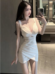 Frauen Sommer Knospe Solide Leibchen Falten Brust Wickelkleid Sexy Hohl Tief Neue Süße V-ausschnitt Dünne Hosenträger Kleid Reife SAU8