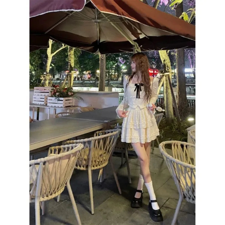 Frühling Sommer Neue Zweiteiler Elegante Samtspitze Quadratischer Kragen Slim Fit Tops Damen + Y2k Hohe Taille Geraffte A-Linie Röcke