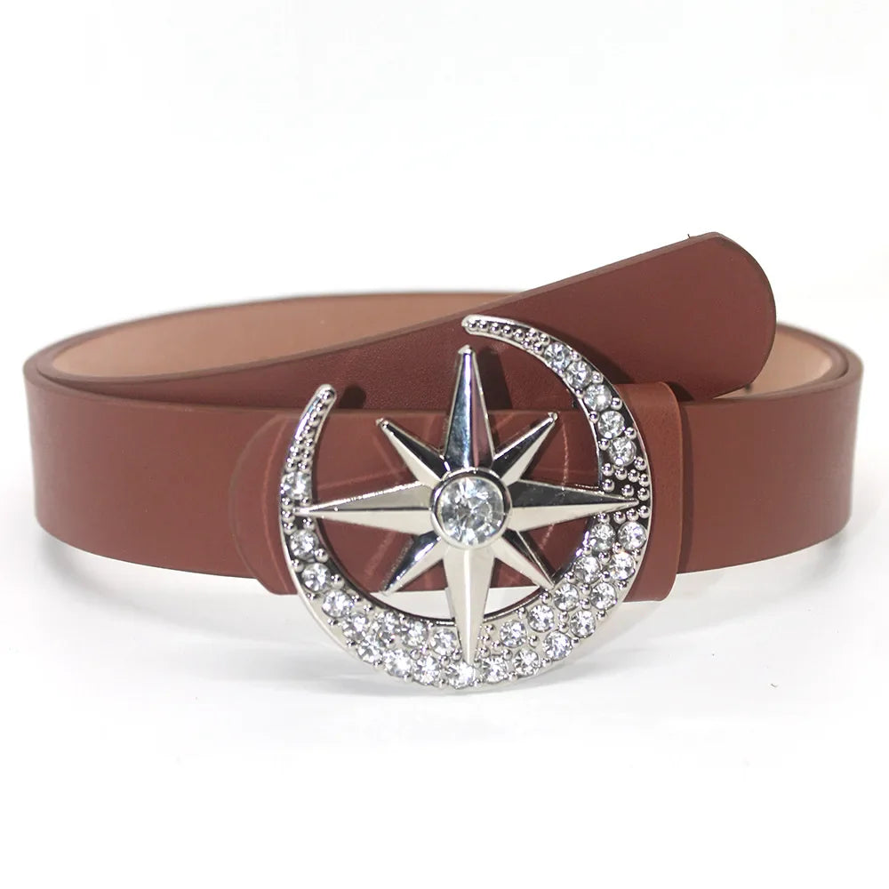 Goth Luxusmarke Neues PU-Leder mit Diamanten eingelegt Sternenmond Knopfkopfgürtel für Damen Jeansrock Punk Y2k Accessoires