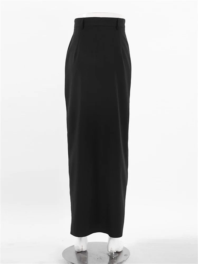 Schwarzer langer Rock für Damen, lässige Streetwear, hohe Taille, schlanke, figurbetonte Röcke, geteilter Damen-Basic-Gerade-Maxirock