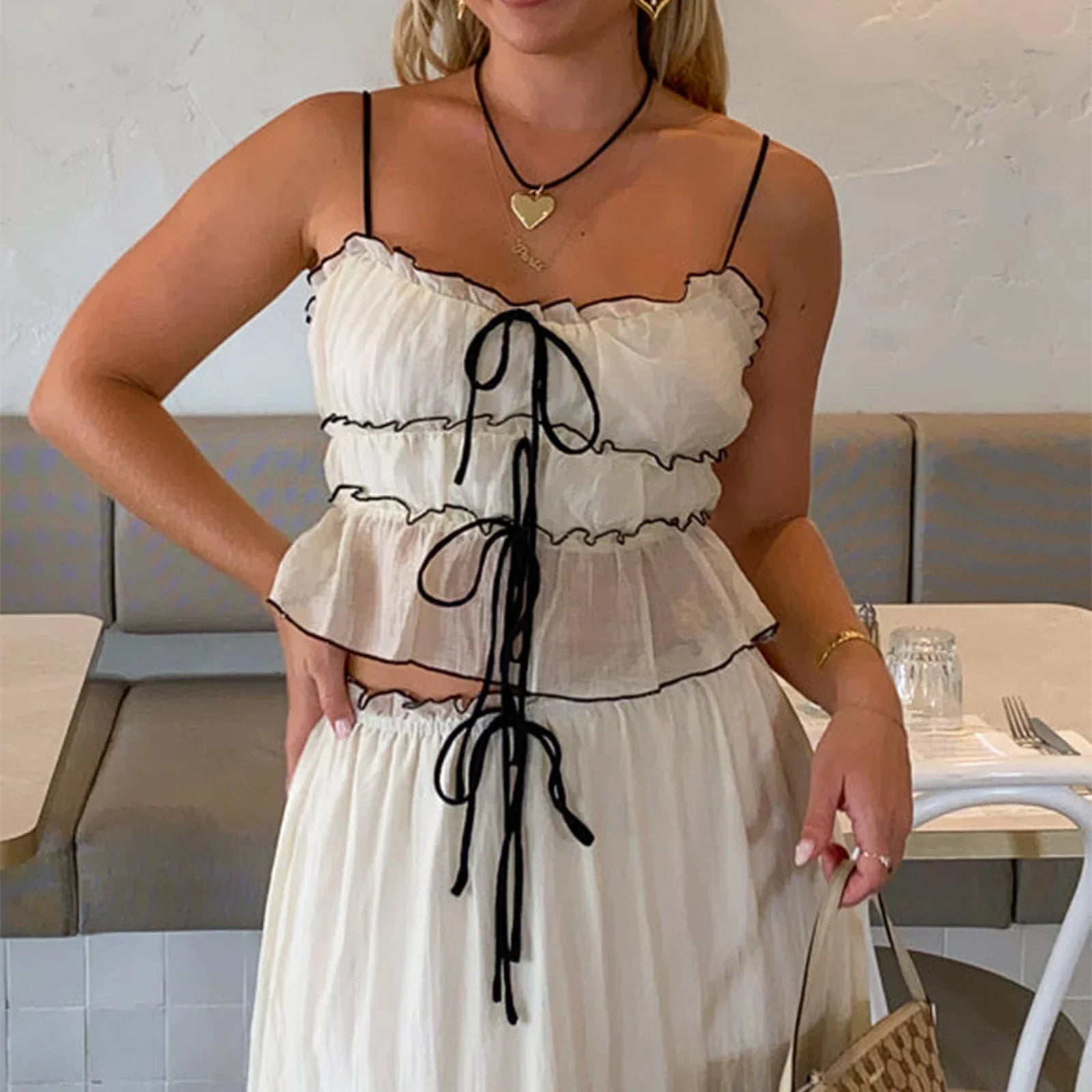 Fairy Vintage Outfits Streetwear Eleganter Urlaub 2-teilig Rüschen vorne zum Binden Crop Top Camis + High Waist A-Linie Maxi langer Rock