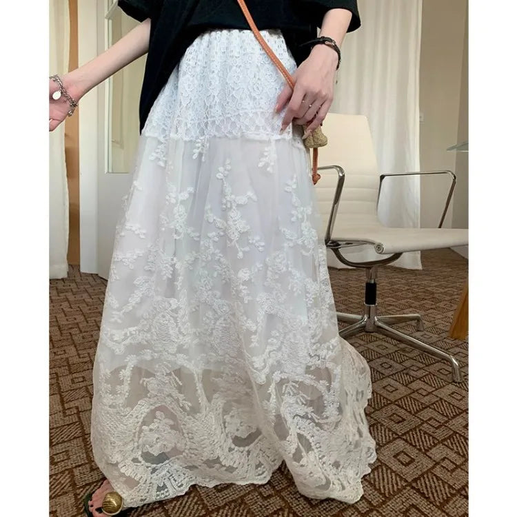 Vintage Spitze Weißen Rock für Frauen Y2k Grunge Hohe Taille A-linie Röcke 2024 Frühling Herbst Neue Mid-länge Faldas mujer
