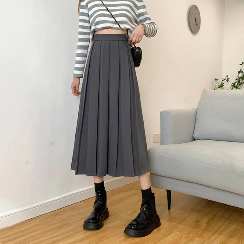 Long Skirt Brown 2024 Summer Korean Fashion High Waist Black Midi Skirt Women Elegant A Line Girls Pleated Skirts Gray Spring