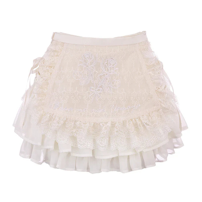 Kawaii Minirock mit Blumenstickerei, Spitze, Patchwork, A-Linie, Lolita-Rock für Damen im japanischen Stil, Cutecore, Röcke mit hoher Taille