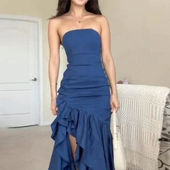 Party Long Dress Elegant Solid Strapless Sleeveless Backless Pleated Ruffled Irregular Nipped Waist Slim Evening Skirts
