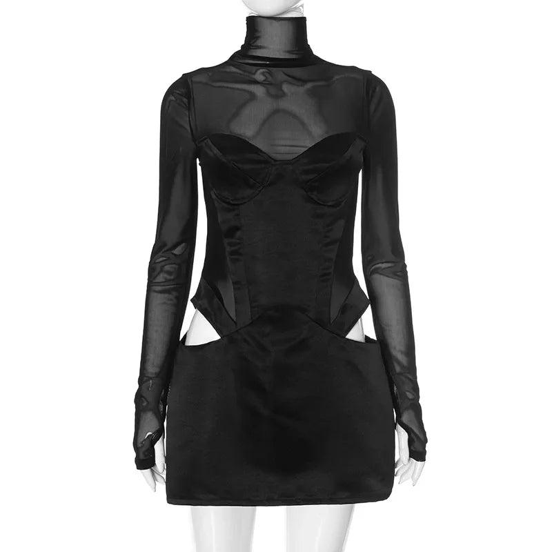 Elegant Mesh Splice Hollow Mini Dress For Women Turtleneck Slim Party Club Outfits Sexy See Through Corset Dress Vestido