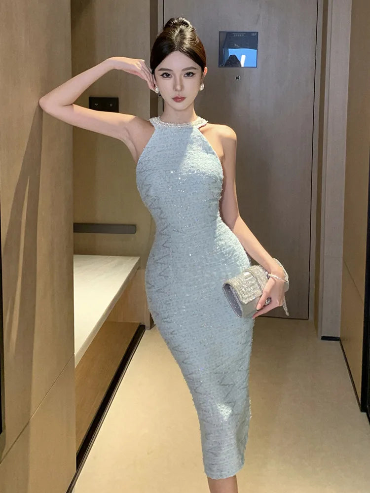 2025 neue Sommer Elegante Mode Slim Fit Abendkleid Für Frauen Hängenden Hals Luxus Perle Perlen Kleine Duft Party Kleid