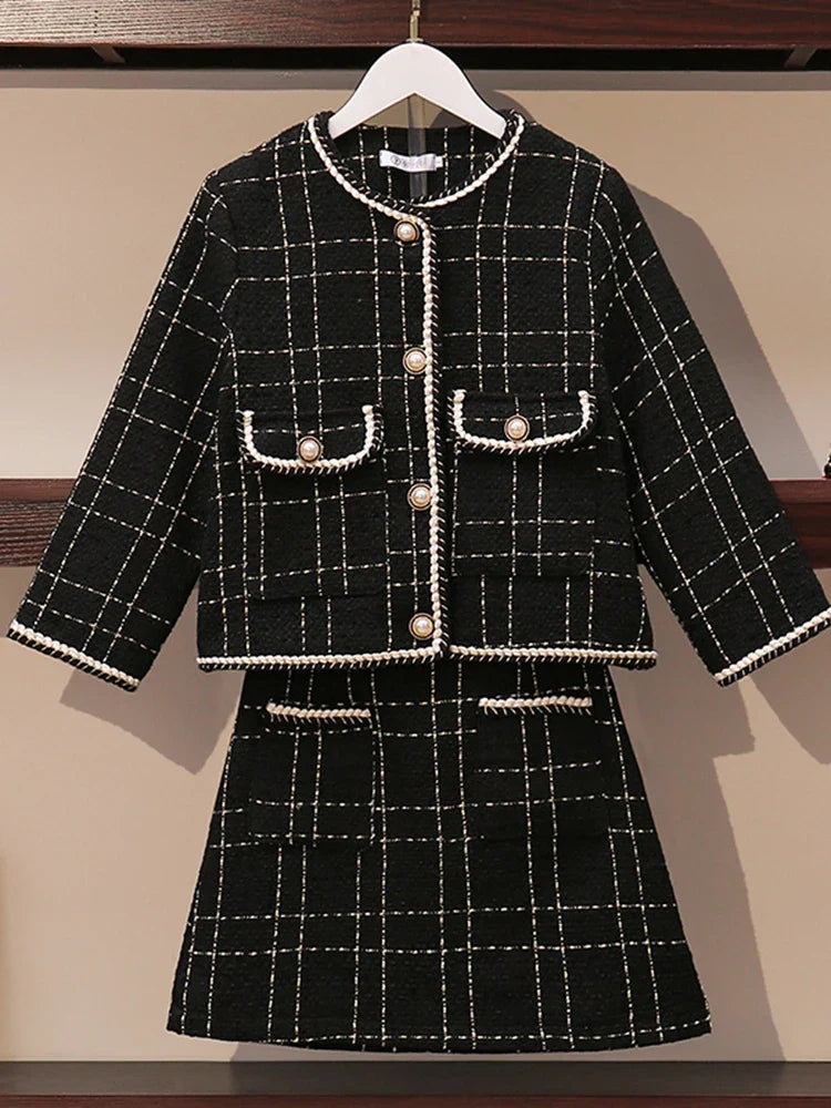 Europäischer Stil Herbst Winter 2-teiliges Set Damen Kurze Woll-Tweedjacke Mantel &amp; Bodycon Minirock Set Damen Zweiteilige Outfits