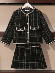 Europäischer Stil Herbst Winter 2-teiliges Set Damen Kurze Woll-Tweedjacke Mantel &amp; Bodycon Minirock Set Damen Zweiteilige Outfits