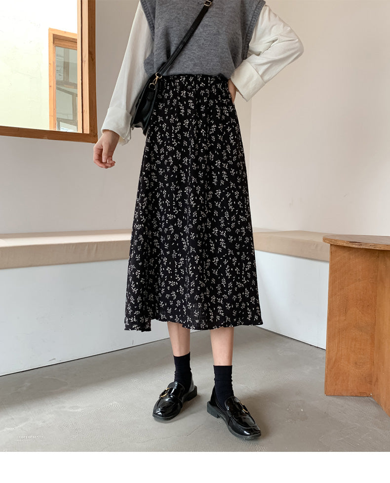 Zurück zum College Vintage Blumendruck A-Linie Plissee Lange Röcke Sommer Damen 2024 Koreanischer Rock Streetwear Kordelzug Elastische Taille Midirock 
