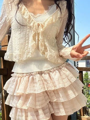 Kawaii Ballet Midi Skirt Sweet Tulle Tierred Cake Skirts for Women Japanese Y2k Cutecore High Wasit Lolita Skirt Summer