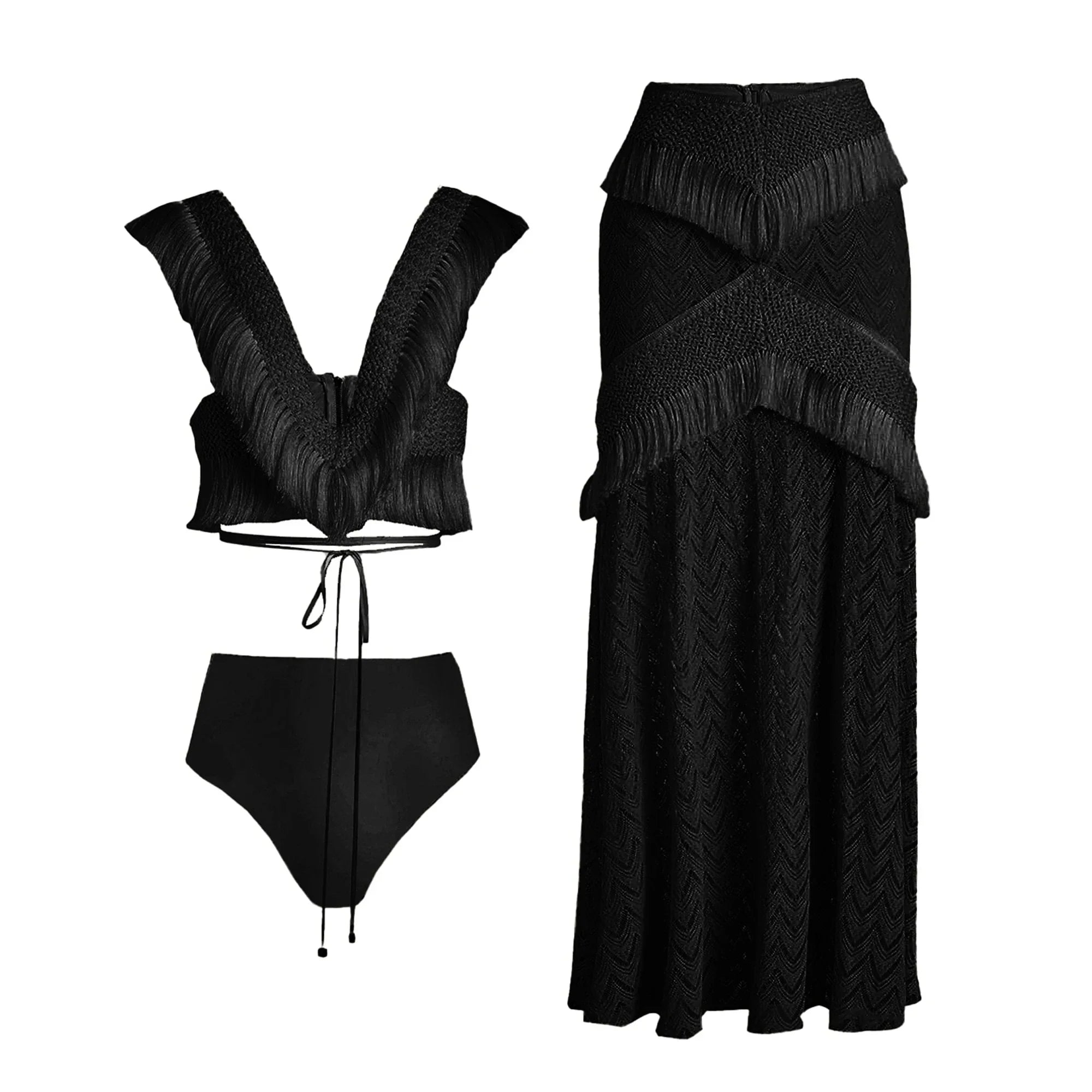 2024 V Neck Fringe Trim Bikini Badeanzug Hohe Taille Bademode mit Rock für Frauen Halter Badeanzüge Druck Sommer Weibliche
